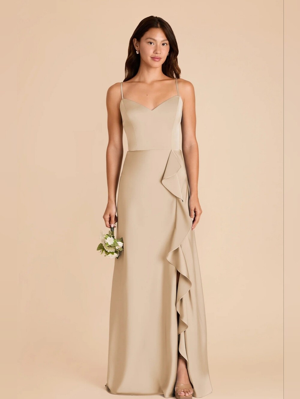 Birdy Grey Satin Ruffle Split Wedding Formal Party Maxi Dress